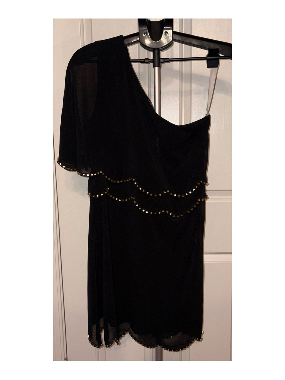 Foreign Exchange Black One-Shoulder Cocktail Dress with Gold Bead Trim.